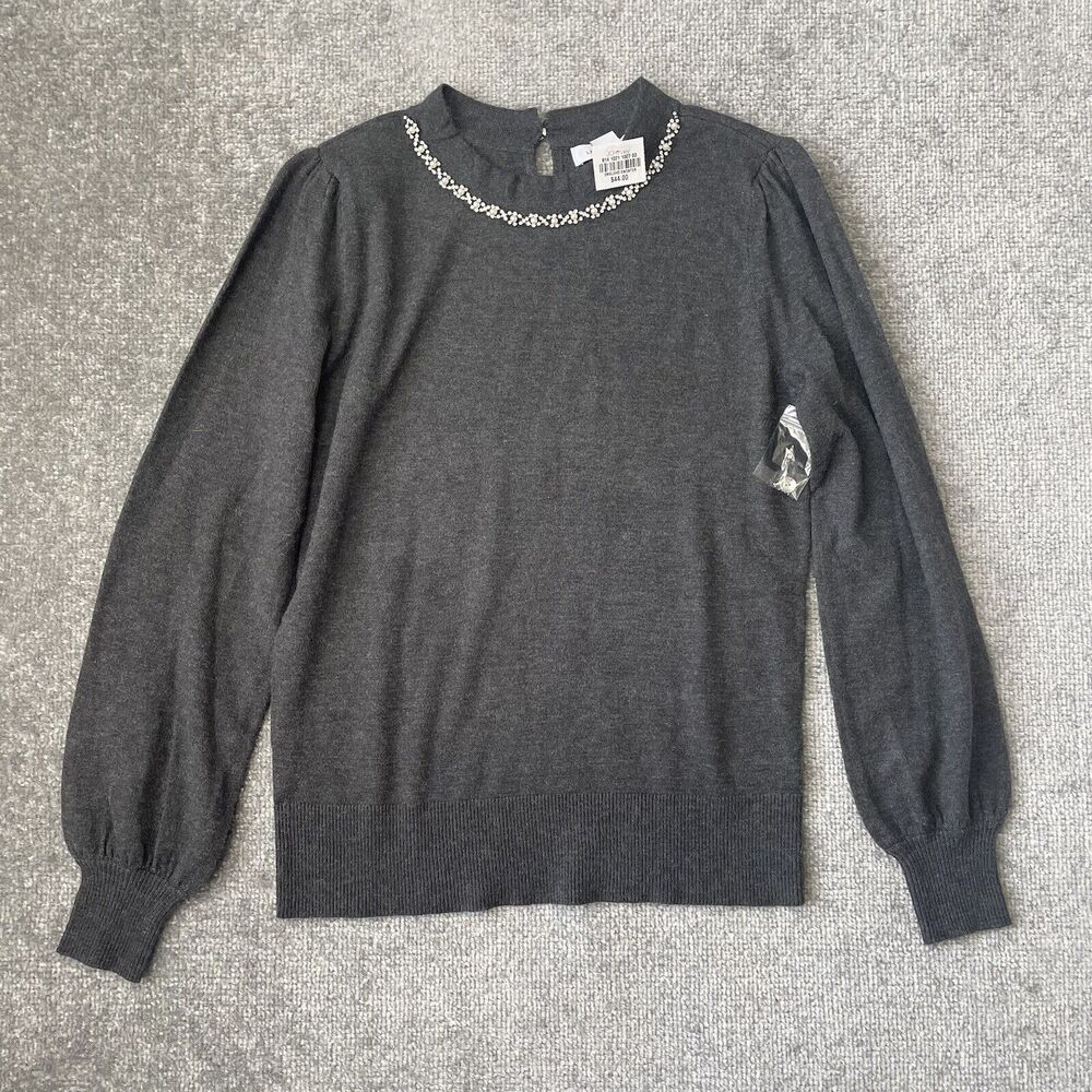 Liz Claiborne Sweater Womens XS Grey Crystal Pearl Detail Soft Knit Top NEW - Picture 1 of 9